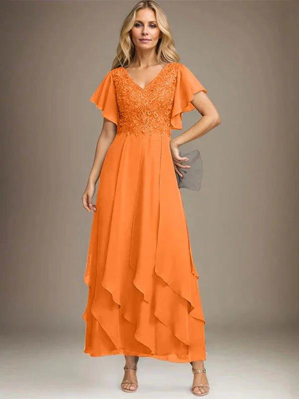 A-line V-Neck Ankle-Length Lace Chiffon Mother of the Bride Dress With Cascading Ruffles by Dreamylily