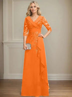 A-line Collared V-Neck Floor-Length Lace Chiffon Mother of the Bride Dress With Sequins Cascading Ruffles by Dreamylily