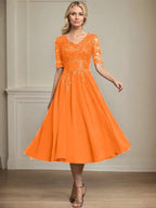 A-line V-Neck Tea-Length Lace Chiffon Mother of the Bride Dress With Sequins by Dreamylily