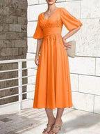 A-line V-Neck Tea-Length Lace Chiffon Mother of the Bride Dress With Pleated by Dreamylily