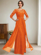 A-Line Scoop Illusion Floor-Length Lace Chiffon Mother Of the Bride Dress With Beading Ruffles by Dreamylily