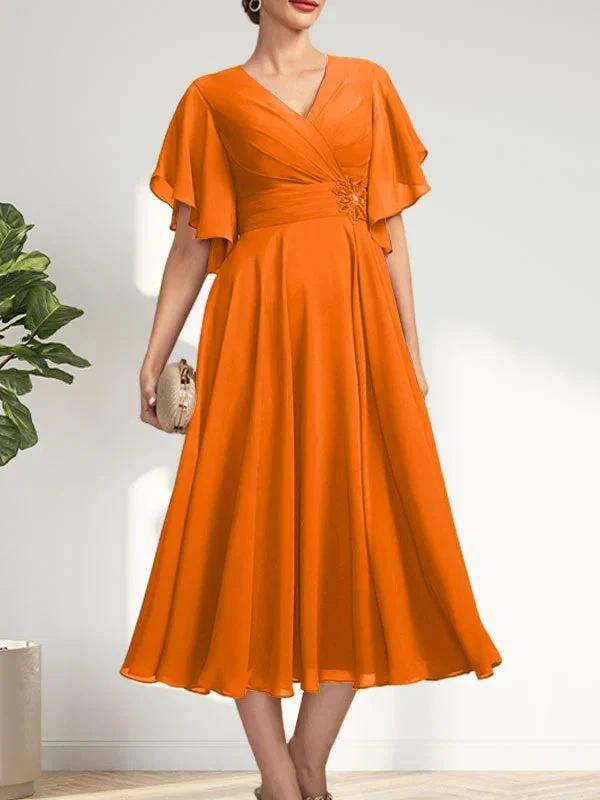 A-line V-Neck Tea-Length Chiffon Mother of the Bride Dress With Pleated Beading by Dreamylily