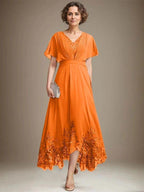 A-line V-Neck Asymmetrical Lace Chiffon Mother of the Bride Dress With Pleated by Dreamylily