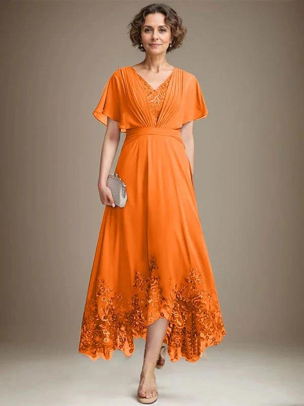 A-line V-Neck Asymmetrical Lace Chiffon Mother of the Bride Dress With Pleated by Dreamylily