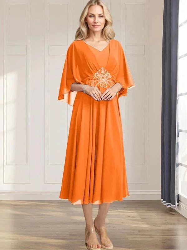 A-line V-Neck Tea-Length Chiffon Mother of the Bride Dress With Pleated Sequins Appliques Lace Beadind by Dreamylily