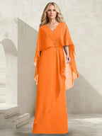 A-line V-Neck Floor-Length Chiffon Mother of the Bride Dress With Cascading Ruffles Beading by Dreamylily