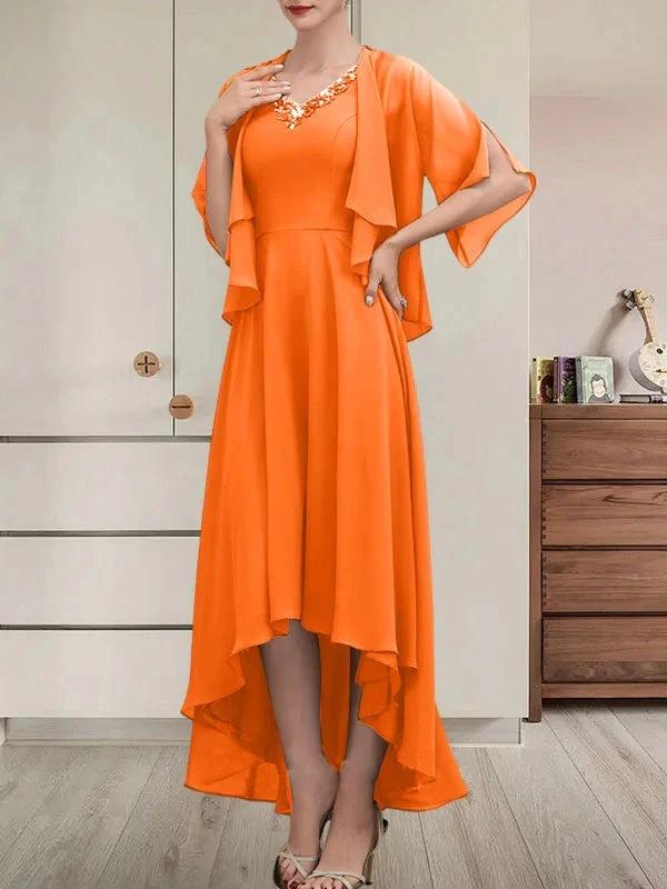 A-line V-Neck Asymmetrical Chiffon Mother of the Bride Dress With Beading Sequins by Dreamylily