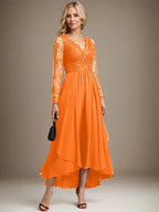 A-line V-Neck Asymmetrical Lace Chiffon Mother of the Bride Dress by Dreamylily