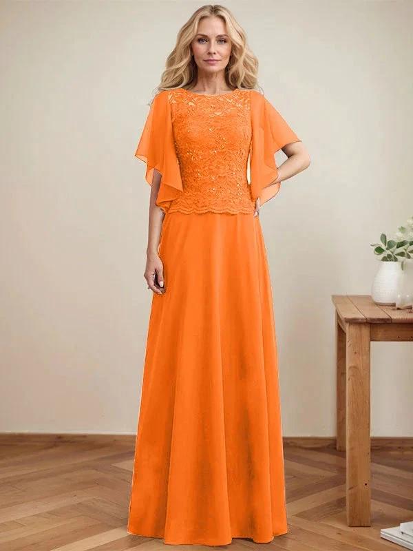 A-line Scoop Illusion Floor-Length Lace Chiffon Mother of the Bride Dress With Sequins by Dreamylily
