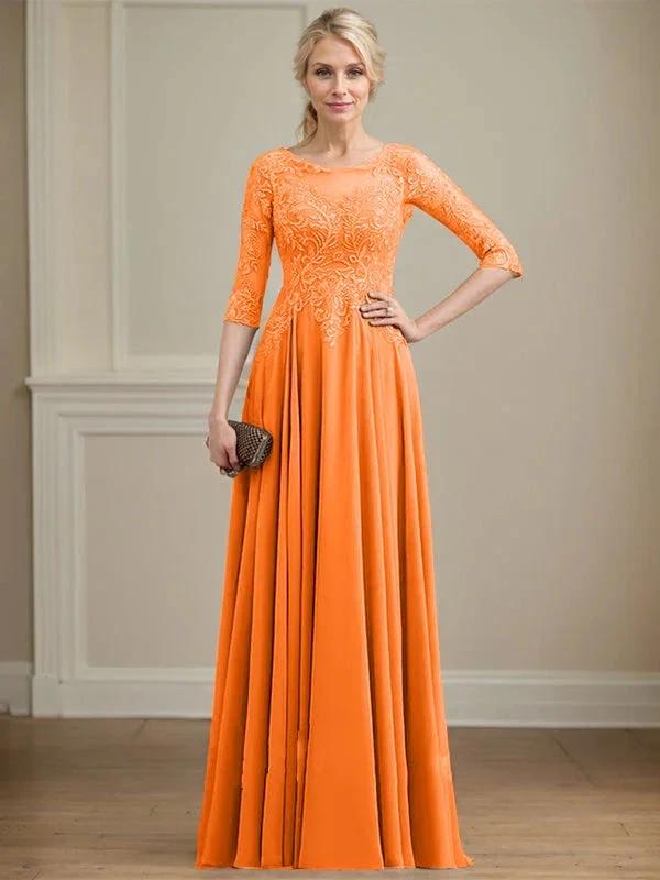 A-line Scoop Illusion Floor-Length Lace Chiffon Mother of the Bride Dress With Sequins by Dreamylily