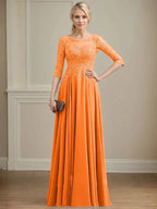 A-line Scoop Illusion Floor-Length Lace Chiffon Mother of the Bride Dress With Sequins by Dreamylily
