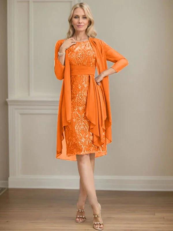 Sheath/Column Scoop Illusion Knee-Length Lace Chiffon Mother of the Bride Dress With Cascading Ruffles Sequins by Dreamylily
