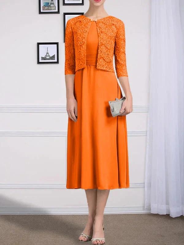 A-line Scoop Tea-Length Chiffon Mother of the Bride Dress With Pleated by Dreamylily
