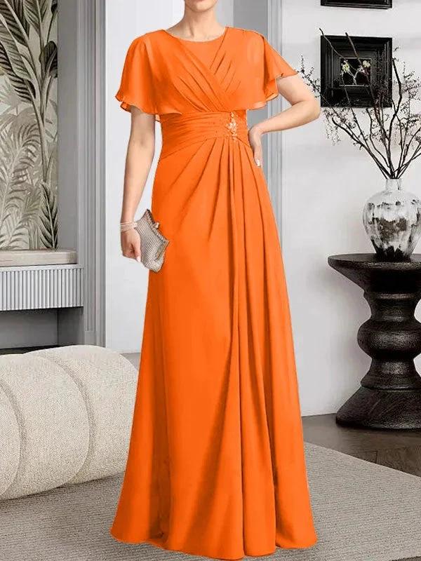 A-line Scoop Floor-Length Chiffon Mother of the Bride Dress With Pleated Beading by Dreamylily