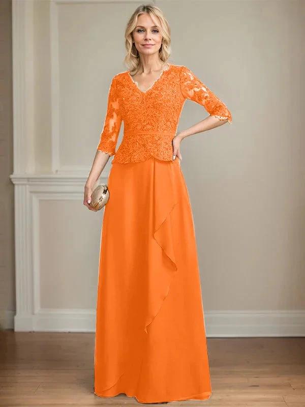 A-line V-Neck Floor-Length Lace Chiffon Mother of the Bride Dress With Cascading Ruffles Sequins by Dreamylily