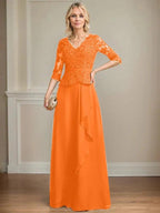 A-line V-Neck Floor-Length Lace Chiffon Mother of the Bride Dress With Cascading Ruffles Sequins by Dreamylily