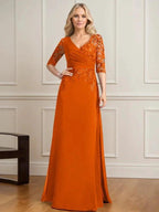 A-line V-Neck Floor-Length Lace Chiffon Mother of the Bride Dress With Pleated Sequins by Dreamylily