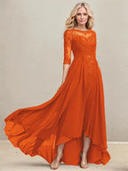 A-line Scoop Illusion Asymmetrical Lace Chiffon Mother of the Bride Dress With Pleated Sequins by Dreamylily