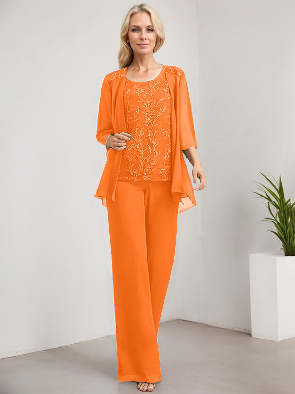 Separates Jumpsuit/Pantsuit Scoop Floor-Length Lace Chiffon Mother of the Bride Dress With Sequins