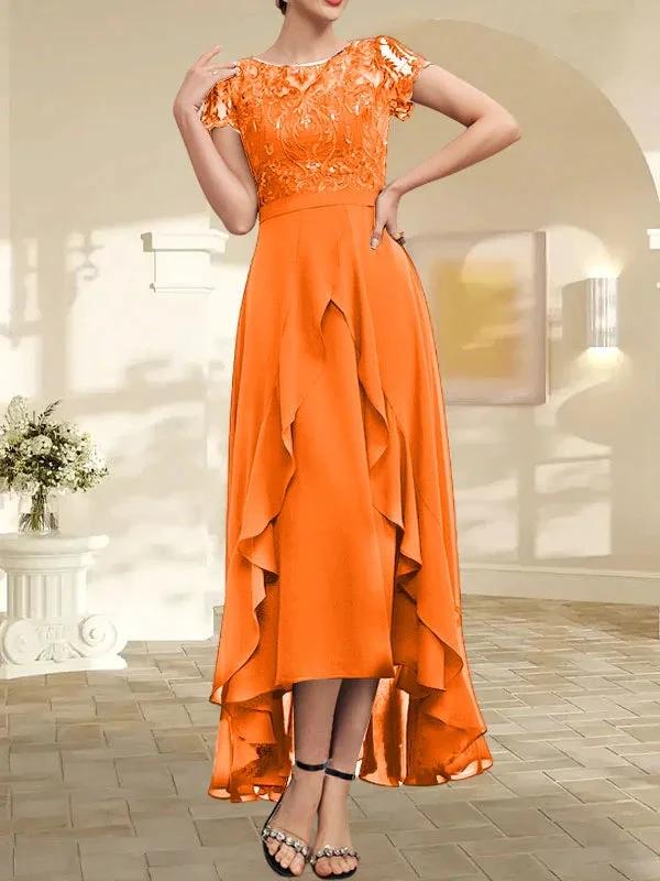A-line Scoop Illusion Asymmetrical Chiffon Lace Mother of the Bride Dress With Bow Ruffle Sequins by Dreamylily