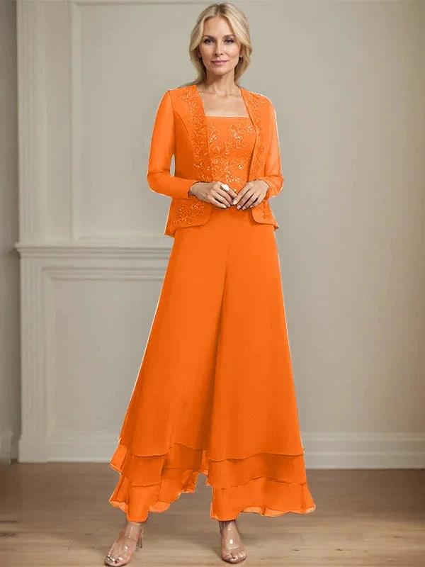 Separates Jumpsuit/Pantsuit Square Ankle-Length Lace Chiffon Mother of the Bride Dress With Sequins by Dreamylily
