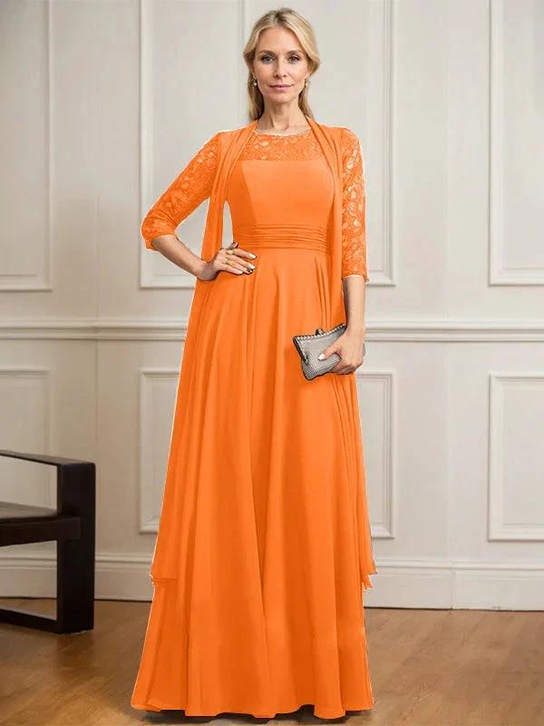 A-line Scoop Illusion Floor-Length Lace Chiffon Mother of the Bride Dress With Pleated by Dreamylily