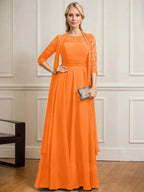 A-line Scoop Illusion Floor-Length Lace Chiffon Mother of the Bride Dress With Pleated by Dreamylily