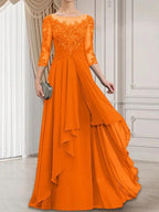 A-line Scoop Illusion Floor-Length Lace Chiffon Mother of the Bride Dress With Cascading Ruffles by Dreamylily