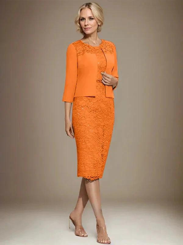 Sheath/Column Scoop Knee-Length Chiffon Lace Mother of the Bride Dress With Beading by Dreamylily
