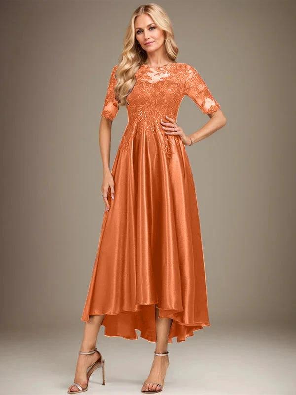 A-line Scoop Illusion Asymmetrical Stretch Satin Lace Mother of the Bride Dress With Sequins by Dreamylily