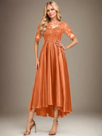 A-line Scoop Illusion Asymmetrical Stretch Satin Lace Mother of the Bride Dress With Sequins by Dreamylily