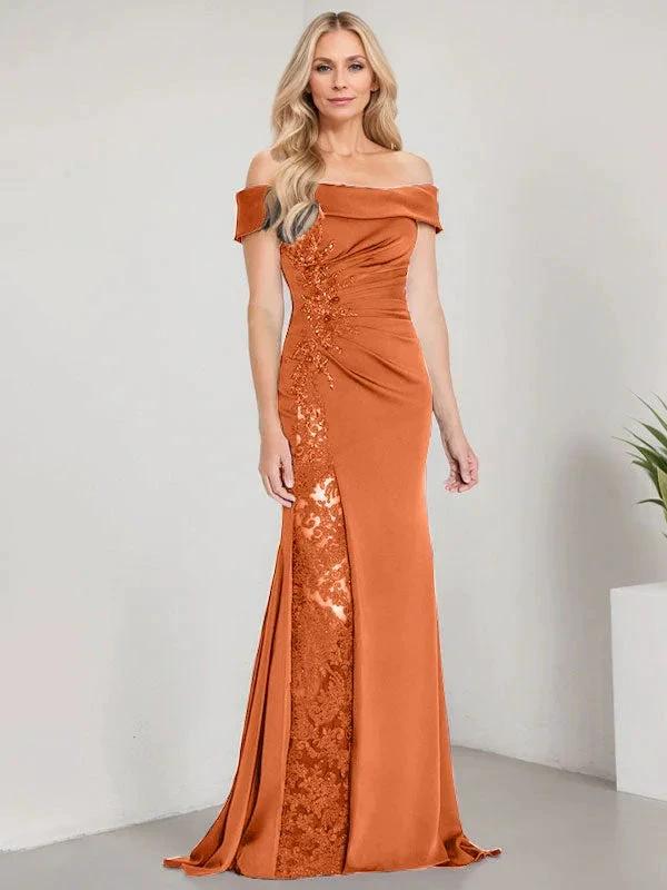 A-Line Off the Shoulder Floor-Length Mother of the Bride Dress Applique Beadings Mermaid Dress With High Split by Dreamylily