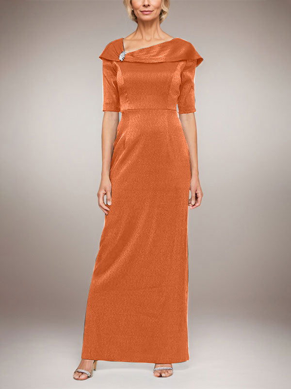 Long Shimmer Column Dress with Foldover Cuff L-Neckline and Elbow Sleeves