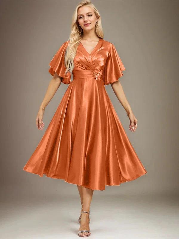 A-line V-Neck Tea-Length Stretch Satin Mother of the Bride Dress With Beading Pleated by Dreamylily