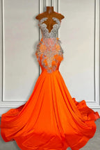 Sexy Sleeveless Jewel Neck Satin Mermaid Prom Dresses with Sweep Train by BIZTUNNEL