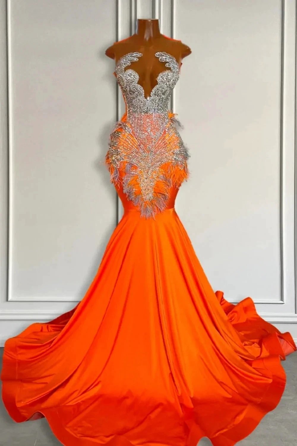 Sexy Sleeveless Jewel Neck Satin Mermaid Prom Dresses with Sweep Train by BIZTUNNEL