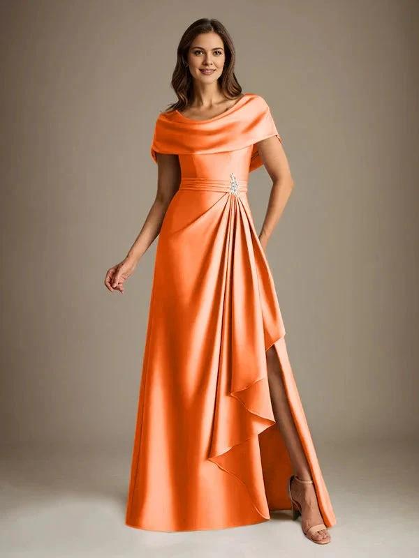 A-Line Scoop Floor-Length Stretch Satin Mother of the Bride Dress With Cascading Ruffles by Dreamylily