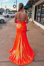 Orange Mermaid Halter Sequins Prom Dress SYP143 by vivymakudress