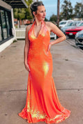Orange Mermaid Halter Sequins Prom Dress SYP143 by vivymakudress