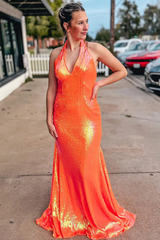 Vestido de fiesta naranja de sirena con cuello halter y lentejuelas SYP143