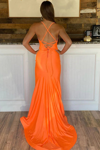 Vestido de fiesta largo de sirena de satén con tirantes naranjas SYP102