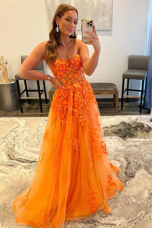 Orange Tulle Lace Long Prom Dress Orange Tulle Evening Dress PSK366