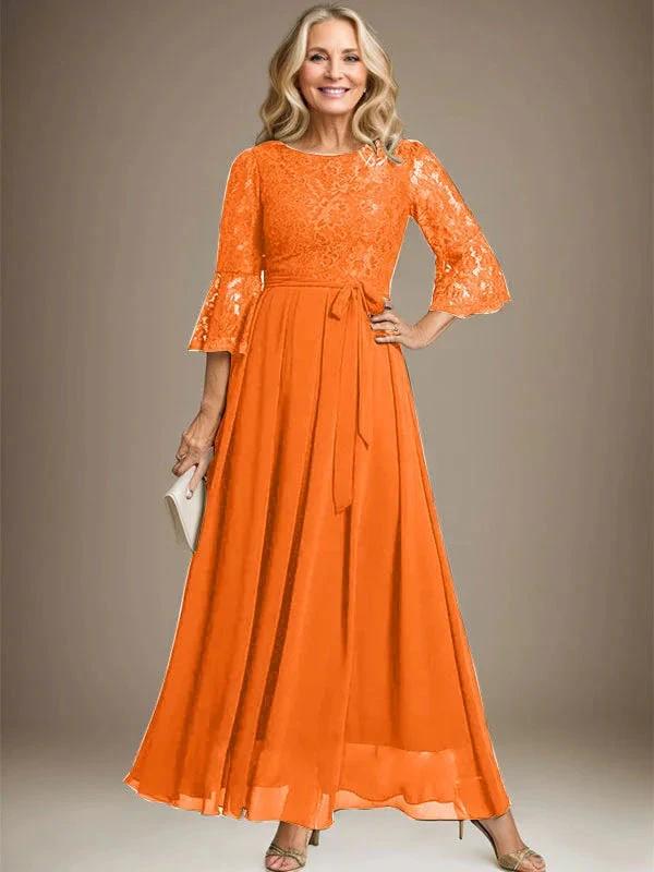 A-line Scoop Ankle-Length Lace Chiffon Mother of the Bride Dress With Bow by Dreamylily