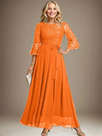 A-line Scoop Ankle-Length Lace Chiffon Mother of the Bride Dress With Bow by Dreamylily