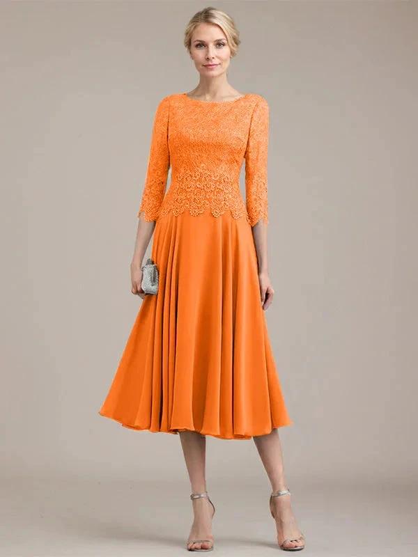 A-line Scoop Tea-Length Lace Chiffon Mother of the Bride Dress by Dreamylily