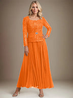 Vestido de gasa para madre de la novia con corte A, cuadrado, largo hasta los tobillos, con pliegues 