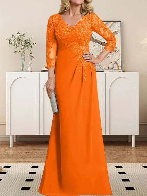 Sheath/Column V-Neck Illusion Floor-Length Lace Chiffon Mother of the Bride Dress With Pleated Sequins by Dreamylily