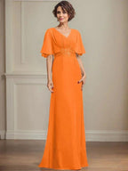 A-line V-Neck Floor-Length Chiffon Mother of the Bride Dress With Pleated Sequins Appliques Lace by Dreamylily