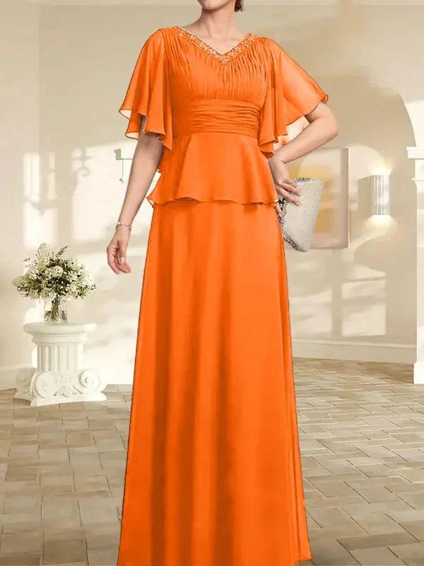 A-line V-Neck Floor-Length Chiffon Mother of the Bride Dress With Pleated Beading by Dreamylily
