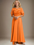 A-line Scoop Illusion Asymmetrical Chiffon Lace Mother of the Bride Dress With Beading by Dreamylily